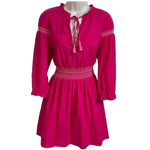 NWT Zara Smocked Dress Women's Size S Hot Pink Stitching Tassels Mini Summer - Picture 1 of 15